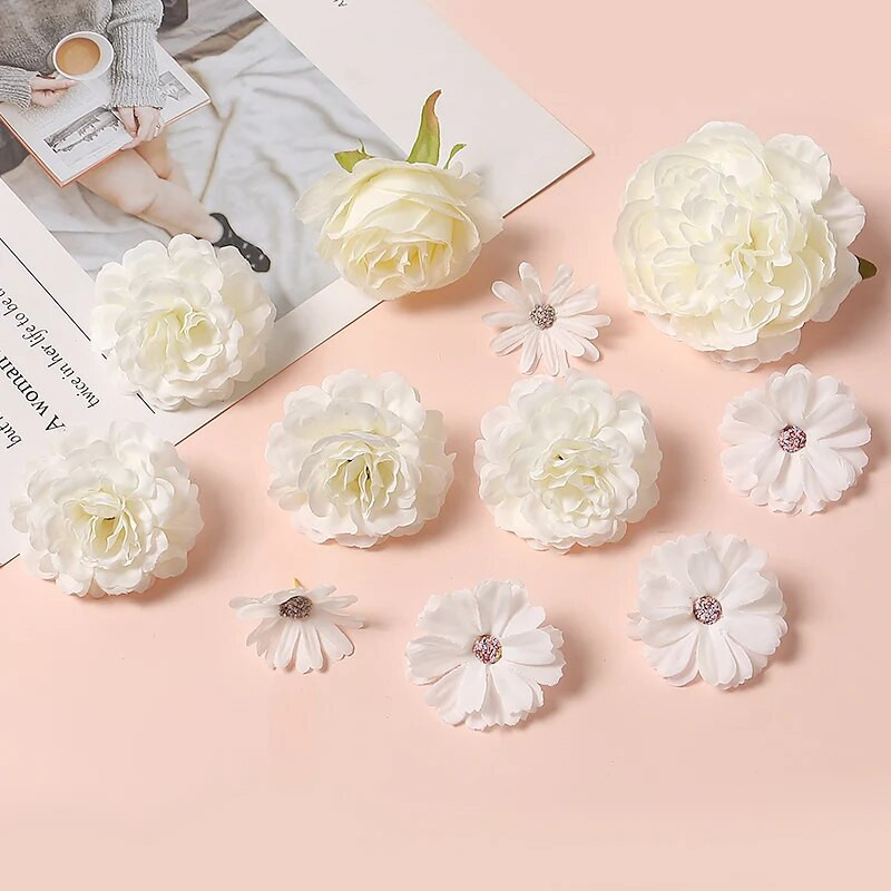 Balti mākslīgie ziedi Galvas zīda viltoti ziedi mājas dekorēšanai ballītes kāzu dekorācijas DIY Valentīna dienas dāvanas Aksesuāri