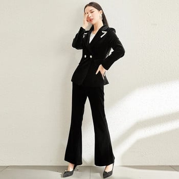 Γυναικείο σετ δύο τεμαχίων βελούδινο σακάκι Κομψά χαλαρά επίσημα σακάκια Flare παντελόνια Φθινοπωρινά επαγγελματικά Vintage κοστούμια παντελονιών