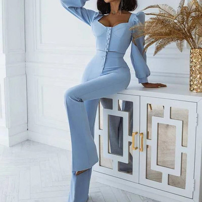 Uredski ženski blejzer odijela Vintage dvodijelni set Ženski kratki blejzer dugih rukava + 2-dijelni blejzer širokih nogavica s visokim strukom