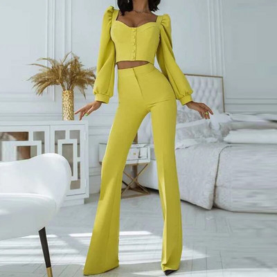 Uredski ženski blejzer odijela Vintage dvodijelni set Ženski kratki blejzer dugih rukava + 2-dijelni blejzer širokih nogavica s visokim strukom