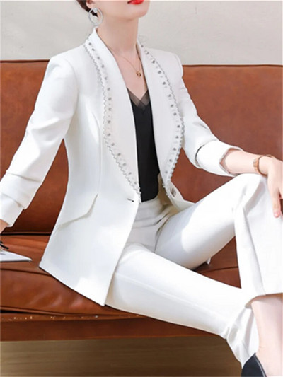 Fotvotee Jednobojna 2-dijelna odijela za žene Modni sakoi s otvorenim ovratnikom 2023. Jesen Zima Uski ležerni kompleti pencil hlača