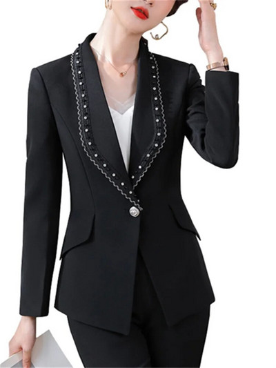 Fotvotee Jednobojna 2-dijelna odijela za žene Modni sakoi s otvorenim ovratnikom 2023. Jesen Zima Uski ležerni kompleti pencil hlača