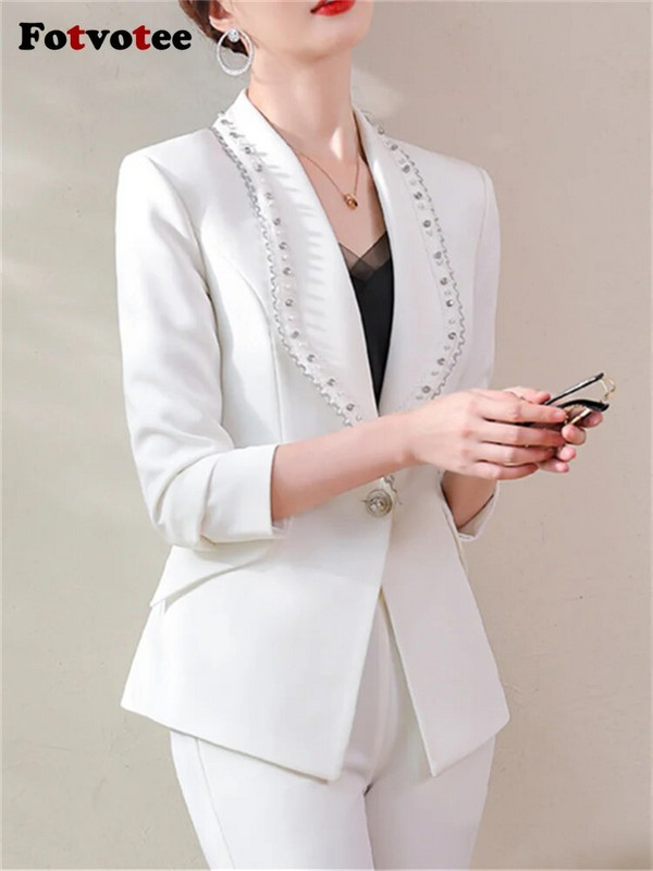 Fotvotee Jednobojna 2-dijelna odijela za žene Modni sakoi s otvorenim ovratnikom 2023. Jesen Zima Uski ležerni kompleti pencil hlača