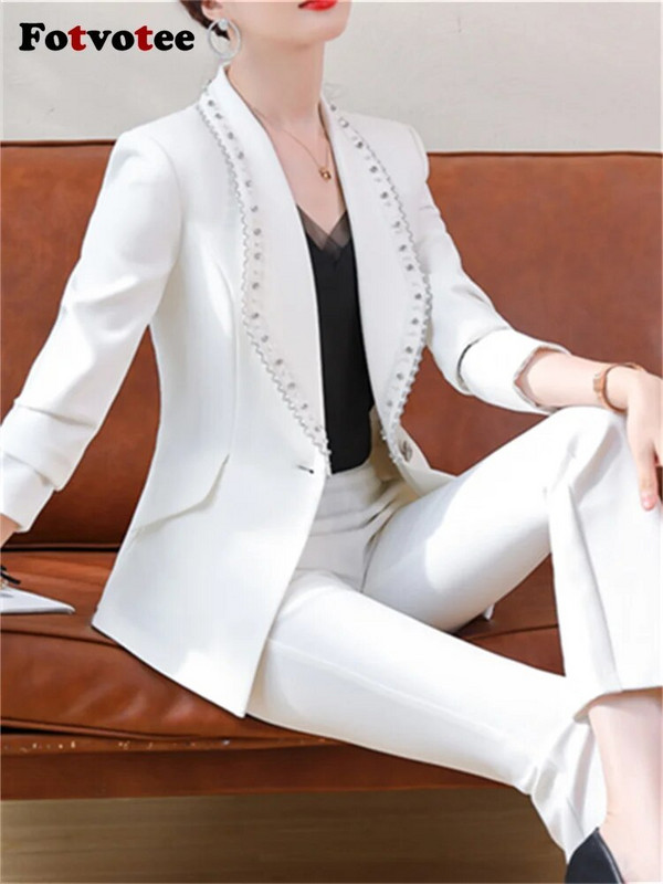 Fotvotee Jednobojna 2-dijelna odijela za žene Modni sakoi s otvorenim ovratnikom 2023. Jesen Zima Uski ležerni kompleti pencil hlača