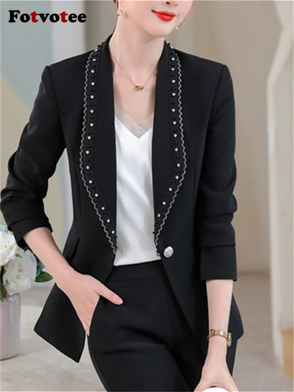 Fotvotee Jednobojna 2-dijelna odijela za žene Modni sakoi s otvorenim ovratnikom 2023. Jesen Zima Uski ležerni kompleti pencil hlača