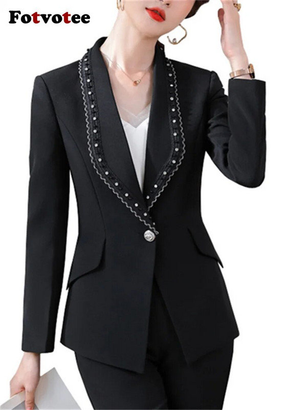 Fotvotee Jednobojna 2-dijelna odijela za žene Modni sakoi s otvorenim ovratnikom 2023. Jesen Zima Uski ležerni kompleti pencil hlača