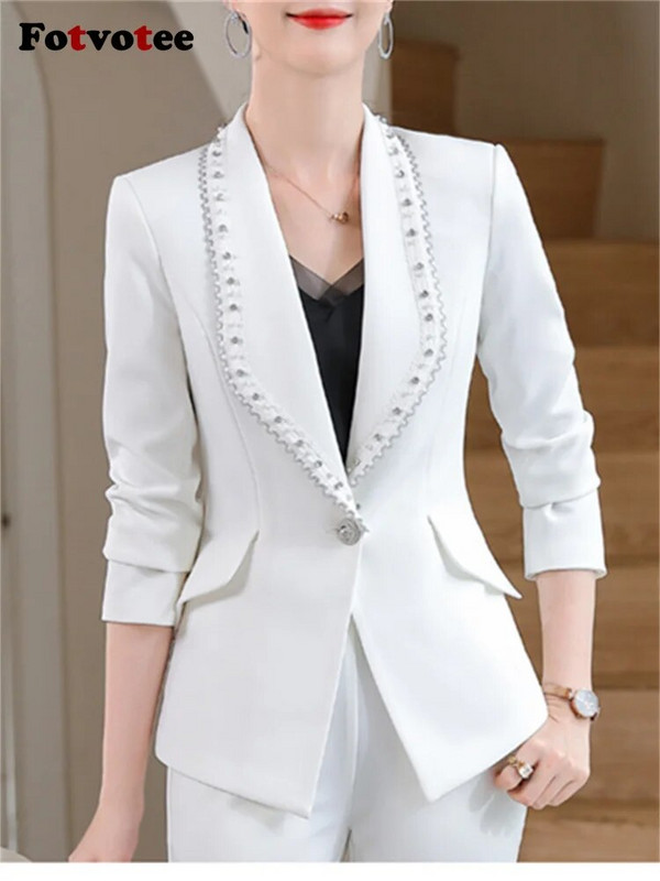 Fotvotee Jednobojna 2-dijelna odijela za žene Modni sakoi s otvorenim ovratnikom 2023. Jesen Zima Uski ležerni kompleti pencil hlača