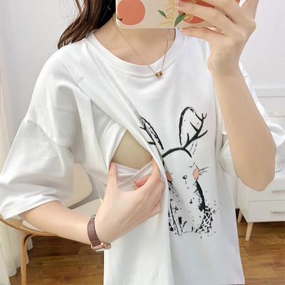 Jednobojna pamučna majica kratkih rukava srednje dužine za dojenje Postporođajna odjeća za majke Ležerna odjeća za dojenje DirectSales 5015B