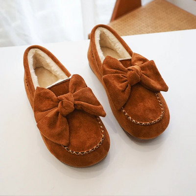 Ženske cipele od debljeg pliša Zimske tople mokasine Dekor s velikom mašnom Okrugli prsti Ravna peta Ležerne tople tenisice