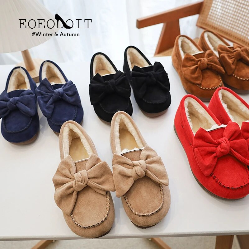 Ženske cipele od debljeg pliša Zimske tople mokasine Dekor s velikom mašnom Okrugli prsti Ravna peta Ležerne tople tenisice