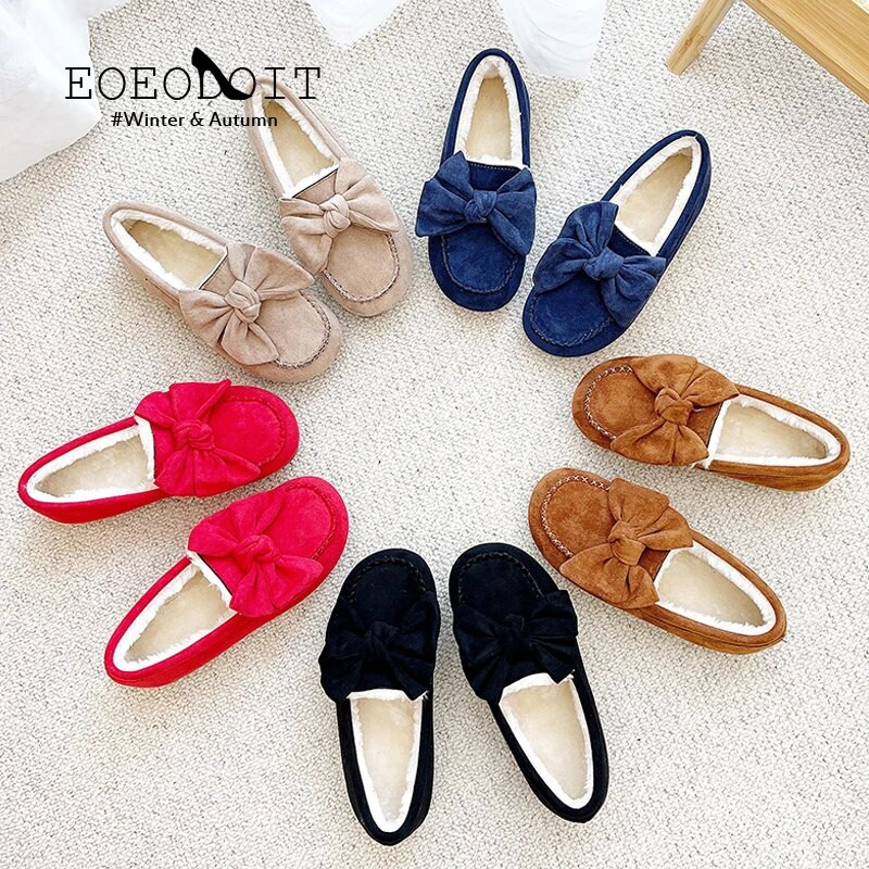 Ženske cipele od debljeg pliša Zimske tople mokasine Dekor s velikom mašnom Okrugli prsti Ravna peta Ležerne tople tenisice