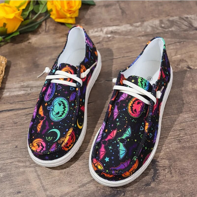 Mocasini pentru petrecerea de Halloween Pantofi pentru femeie pantofi de pânză cu imprimeu de dovleac Design de marcă pentru femei Toamnă Mocasin casual cu slip-on