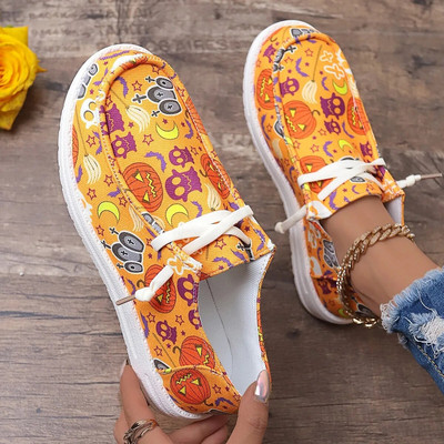 Halloween Party Loafer Cipők Női Sütőtök Nyomtatott Vászon Cipők Női Márkatervezés Őszi alkalmi, felcsúsztatható mokaszin laposok