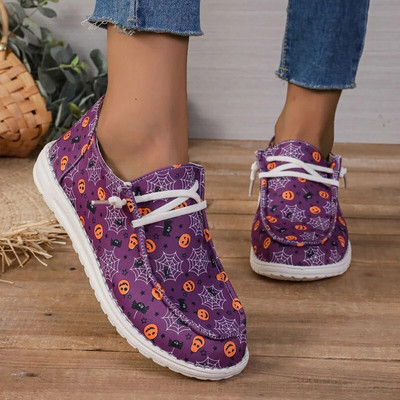 Halloween Party Loafer Cipők Női Sütőtök Nyomtatott Vászon Cipők Női Márkatervezés Őszi alkalmi, felcsúsztatható mokaszin laposok