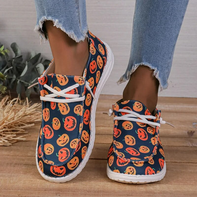Halloween Party Loafer Cipők Női Sütőtök Nyomtatott Vászon Cipők Női Márkatervezés Őszi alkalmi, felcsúsztatható mokaszin laposok