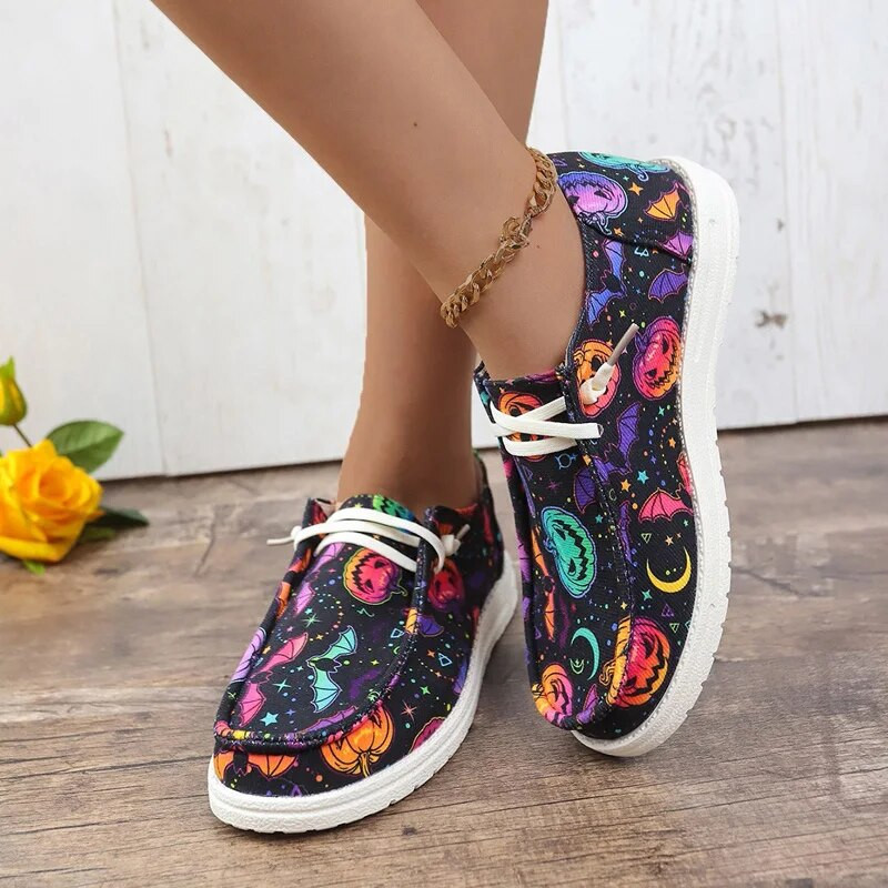 Halloween Party Loafer Cipők Női Sütőtök Nyomtatott Vászon Cipők Női Márkatervezés Őszi alkalmi, felcsúsztatható mokaszin laposok