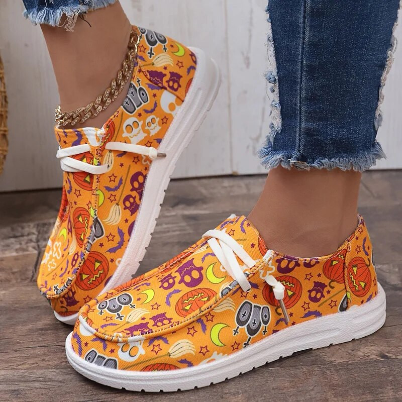 Halloween Party Loafer Cipők Női Sütőtök Nyomtatott Vászon Cipők Női Márkatervezés Őszi alkalmi, felcsúsztatható mokaszin laposok