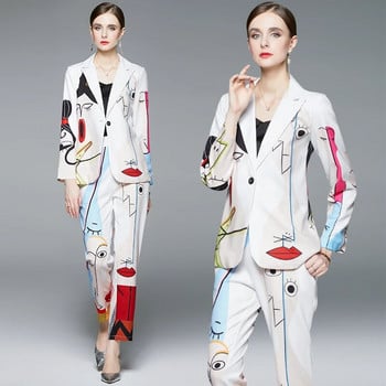 Κορέα Μόδα Σετ 2 τεμαχίων Γυναικεία ρούχα Σχεδιαστής Κομψό κομψό γκράφιτι μπλέιζερ παλτό και παντελόνι Παντελόνι Γυναικείο κοστούμι SL139