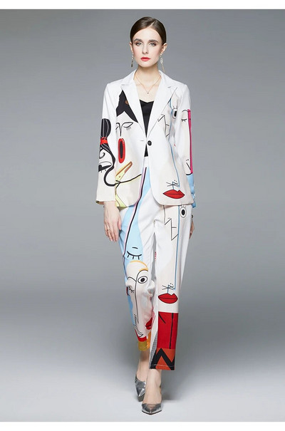 Korejas modes 2 daļiņu komplekti, sieviešu tērpi, dizainers, elegants, elegants grafiti žakete sieviešu mētelis un bikses bikses, kostīms sievietēm SL139