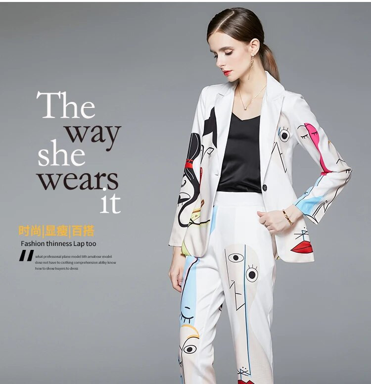 Korejas modes 2 daļiņu komplekti, sieviešu tērpi, dizainers, elegants, elegants grafiti žakete sieviešu mētelis un bikses bikses, kostīms sievietēm SL139
