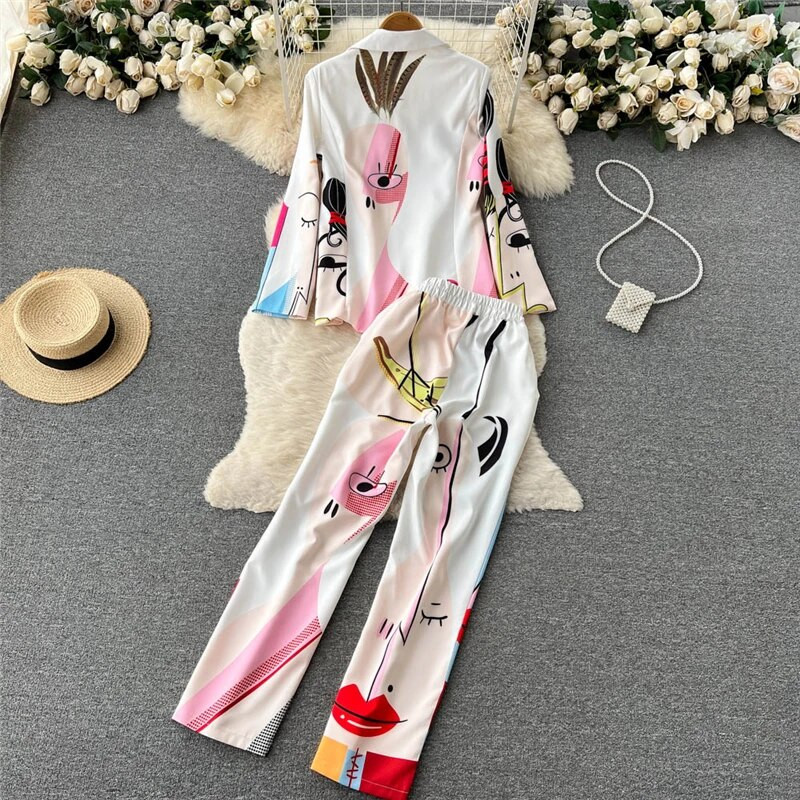 Korejas modes 2 daļiņu komplekti, sieviešu tērpi, dizainers, elegants, elegants grafiti žakete sieviešu mētelis un bikses bikses, kostīms sievietēm SL139