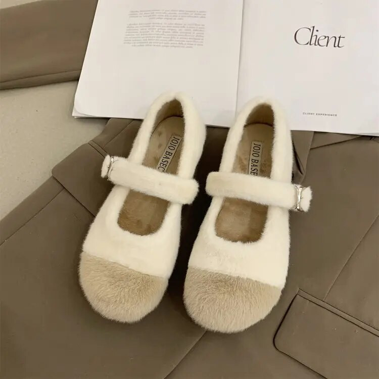 Īstas truša kažokādas, siltas baleta plakanas Sieviešu korejiešu sprādzes siksnas mokasīni, omulīgi apaļi purngali ziemas plīša sniega apavi, neslīdoši