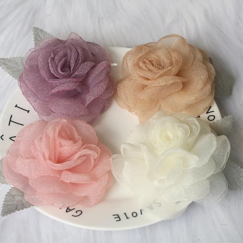 5 DB/tétel Kézzel készített organza szövet mesterséges rózsa virág esküvői ruhához Kalap dekor fűző fejfedő kiegészítők