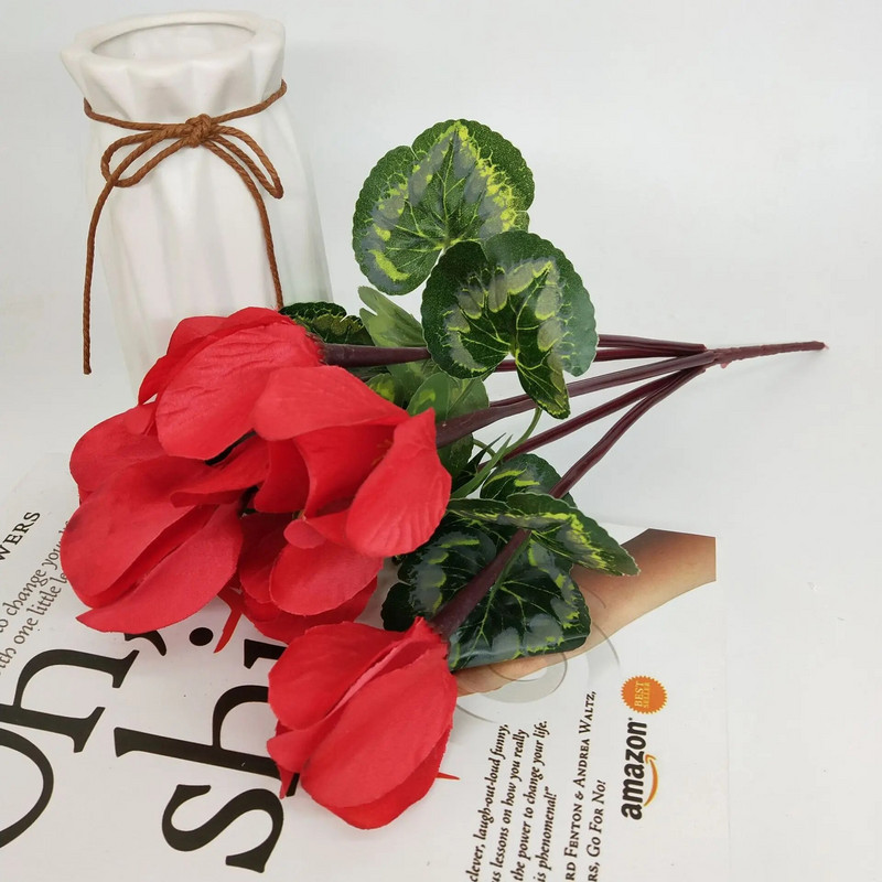 Svilena plastika od umjetne ciklame sa 7 glava sa zelenim lišćem Lažna biljka Mala žarulja Vjenčanje Dekoracija kućnog stola za zabavu