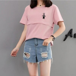 Grūtnieču vasaras barošanas T-krekls balts rozā gaiši zaļš tīras kokvilnas svītras grūtniecēm ar īsām piedurknēm barošanai ar krūti