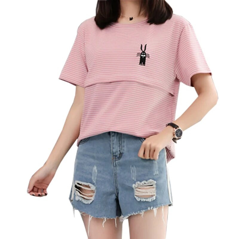 Grūtnieču vasaras barošanas T-krekls balts rozā gaiši zaļš tīras kokvilnas svītras grūtniecēm ar īsām piedurknēm barošanai ar krūti