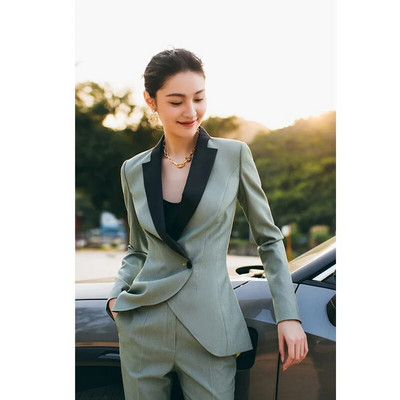 OL Host Speech elegants sieviešu uzvalks, 2 daļīgs, šaurs šalles apkakle, dziļa V žakete, zīmuļu bikses ballītēm vai kāzām