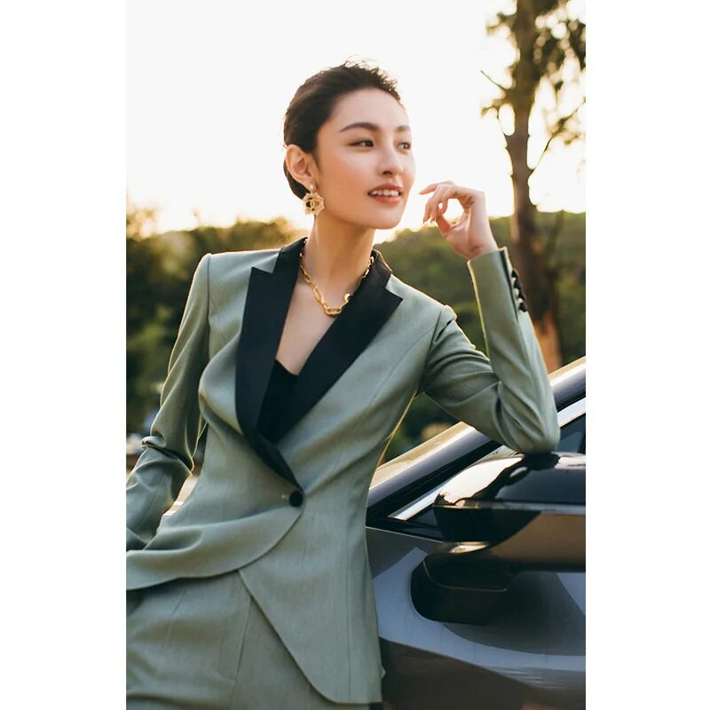 OL Host Speech elegants sieviešu uzvalks, 2 daļīgs, šaurs šalles apkakle, dziļa V žakete, zīmuļu bikses ballītēm vai kāzām