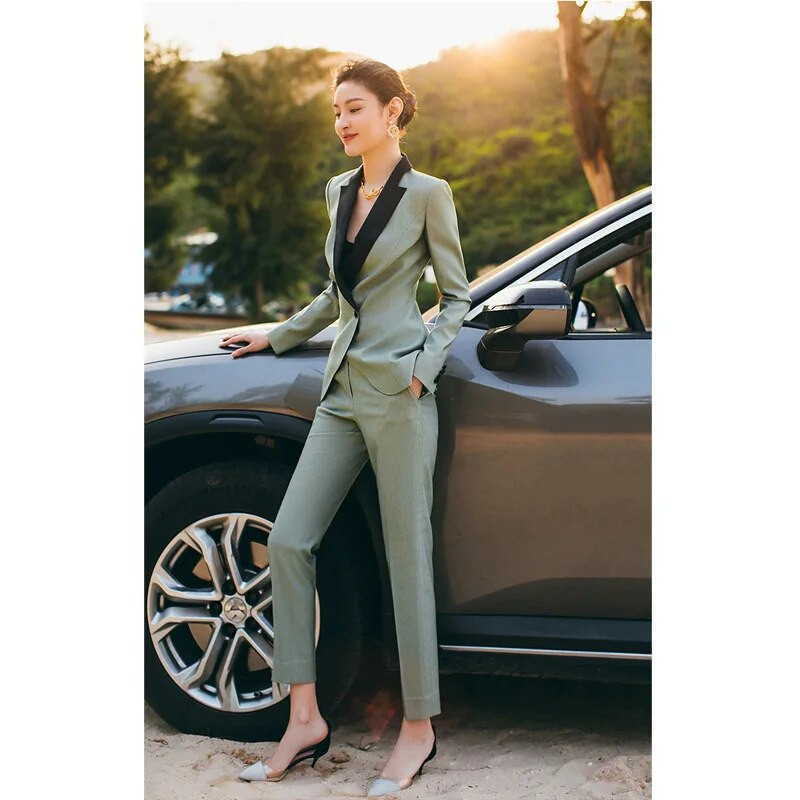 OL Host Speech elegants sieviešu uzvalks, 2 daļīgs, šaurs šalles apkakle, dziļa V žakete, zīmuļu bikses ballītēm vai kāzām