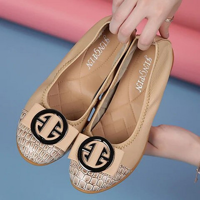 Rudens nauji didelio dydžio odiniai moteriški baleto buteliai su moteriškais minkštapadžiais loaferiais, minkšto metalo dekoratyviniai batai