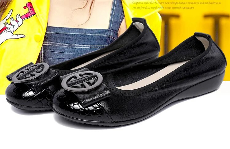 Rudens nauji didelio dydžio odiniai moteriški baleto buteliai su moteriškais minkštapadžiais loaferiais, minkšto metalo dekoratyviniai batai