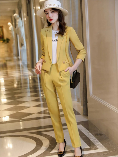 Jesenski, elegantni sakoi Ženski kratki kaput i odijela s hlačama Komplet dugih rukava 2 komada Žuti dvodijelni kompleti
