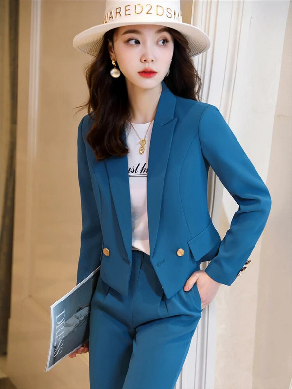 Jesenski, elegantni sakoi Ženski kratki kaput i odijela s hlačama Komplet dugih rukava 2 komada Žuti dvodijelni kompleti