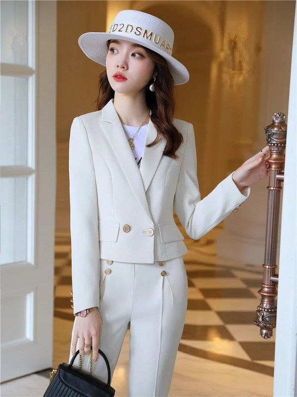 Jesenski, elegantni sakoi Ženski kratki kaput i odijela s hlačama Komplet dugih rukava 2 komada Žuti dvodijelni kompleti