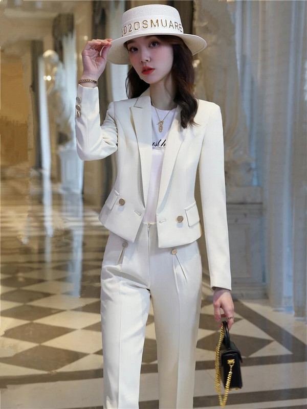 Jesenski, elegantni sakoi Ženski kratki kaput i odijela s hlačama Komplet dugih rukava 2 komada Žuti dvodijelni kompleti