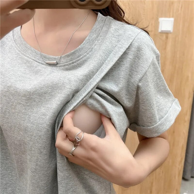 Siva ljetna majica kratkih rukava s okruglim izrezom za dojilje, trudnice, odjeća, bluza za dojenje 2219