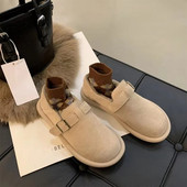 2022. gada jauni vienkrāsaini īsi zābaki ar sprādzes siksniņu Sieviešu apavi pūkaini plīša, uzvelkami plakani apavi Ziemas silti zābaciņi sieviešu sniega zābaki