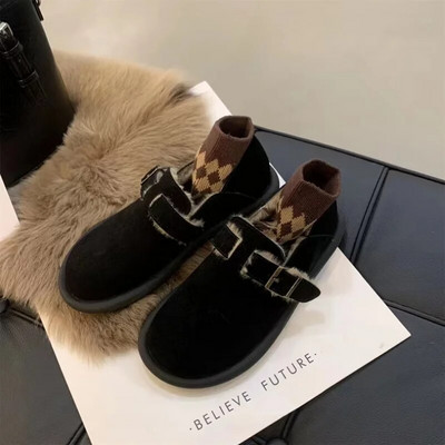 2022. gada jauni vienkrāsaini īsi zābaki ar sprādzes siksniņu Sieviešu apavi pūkaini plīša, uzvelkami plakani apavi Ziemas silti zābaciņi sieviešu sniega zābaki