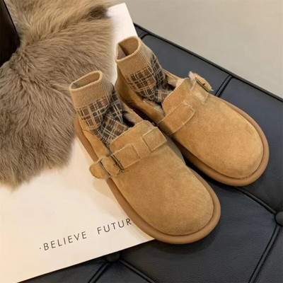 2022. gada jauni vienkrāsaini īsi zābaki ar sprādzes siksniņu Sieviešu apavi pūkaini plīša, uzvelkami plakani apavi Ziemas silti zābaciņi sieviešu sniega zābaki