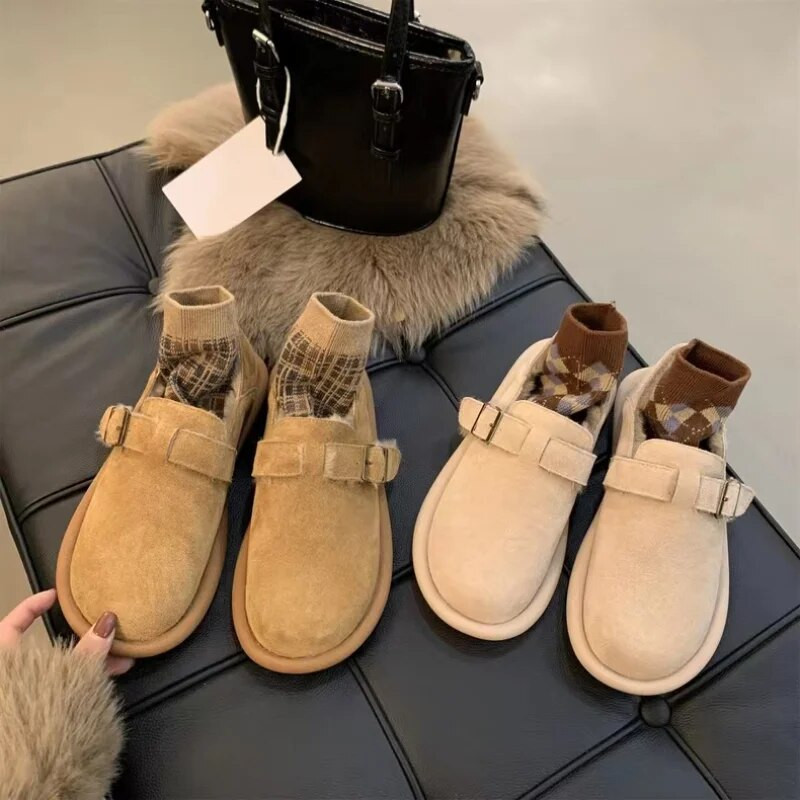 2022. gada jauni vienkrāsaini īsi zābaki ar sprādzes siksniņu Sieviešu apavi pūkaini plīša, uzvelkami plakani apavi Ziemas silti zābaciņi sieviešu sniega zābaki