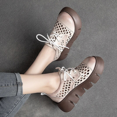 Britų stiliaus moteriški vasariniai tuščiaviduriai kvėpuojantys 2022 m. madingi vienspalviai retro rankų darbo laisvalaikio moteriški batai storapadžiais