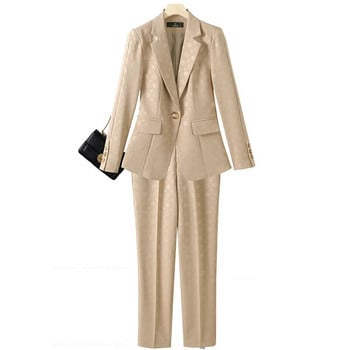 Γυναικείο κοστούμι Blazer Παντελόνι Σετ 2 τεμαχίων Φθινοπωρινό Χειμώνα Μαύρο Βερίκοκο Καφέ με ένα κουμπί Ζακάρ Γραφείο Γυναικείο Επίσημο Σετ φόρμα εργασίας
