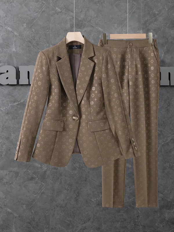 Žensko odijelo Blejzer hlače 2-dijelni set jesen zima crna marelica smeđa jedno dugme jacquard uredski ženski formalni komplet radnog odijela