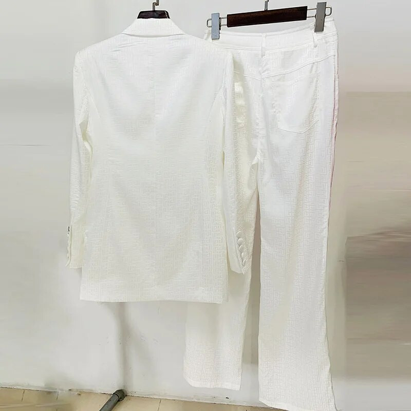 Visokokvalitetni INS Star luksuzni dizajn Modno odijelo od acetatnog satenskog jacquard tankog presjeka Odijelo s hlačama Dvodijelni set sakoa Ženski