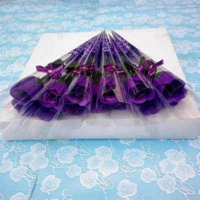 Kreatív 10 db egyszárú mesterséges rózsa műanyag csomagolású szappannal készült virágok Valentin-napi ajándék születésnapi parti dekoráció