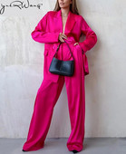 yuerwang Ženska odijela s hlačama Jesen 2023. Satenski jednobojni sako s dvostrukim kopčanjem Labavi ležerni kompleti dvodijelnih hlača dugih širokih nogavica